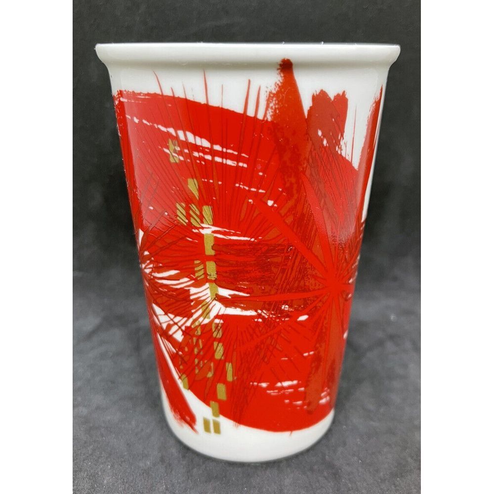 Starbucks 12oz Coffee Mug Cup Christmas 2014 Poinsettia Red Flower Gold